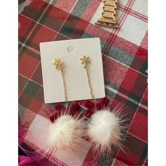 Holiday Christmas Vegan Fur Tassel Drop Snowflake Red Velvet Bow Earrings - Picture 7 of 7